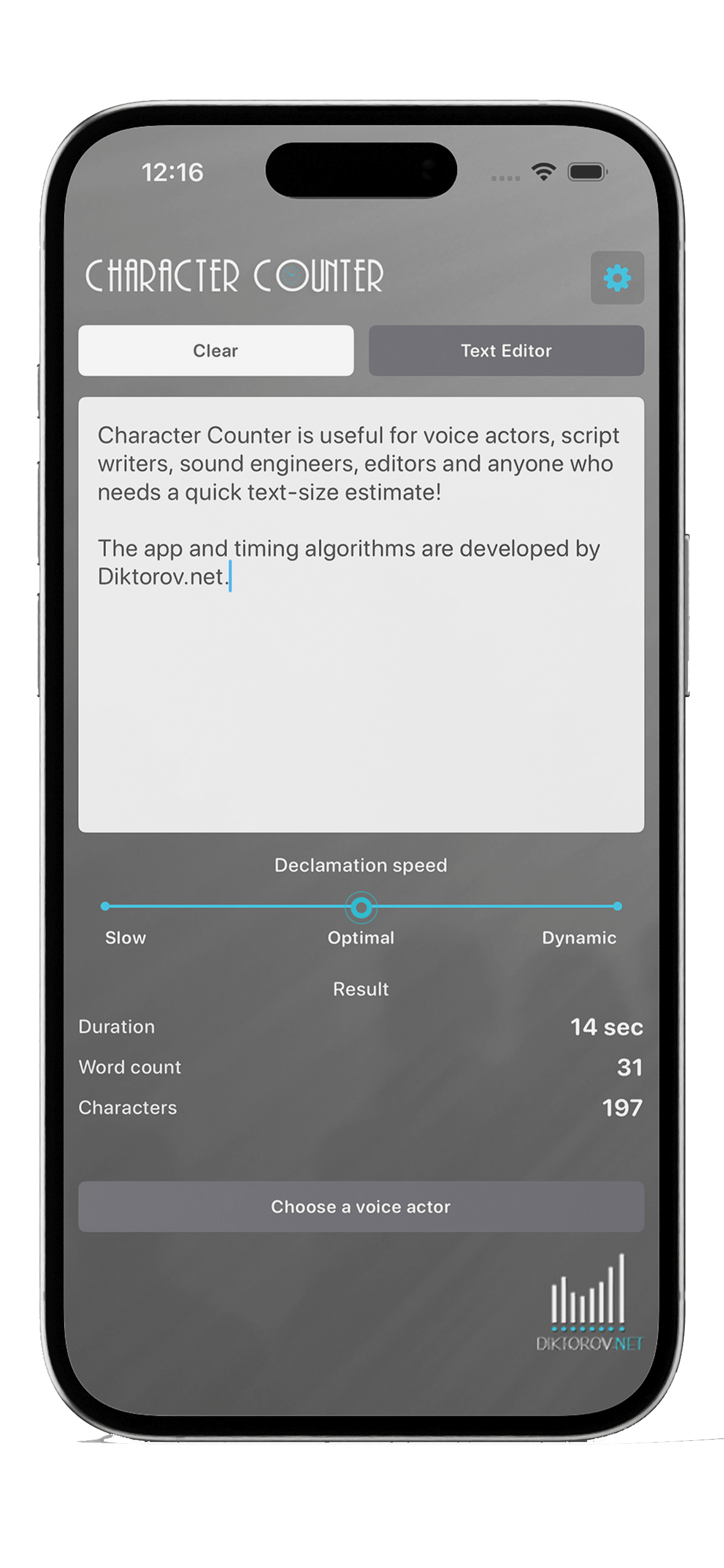 Character Counter editor screen